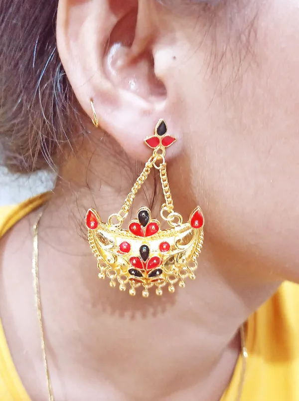 Assamese_Traditional_Copper_Gold_Plated_Red_Black_Colour_Jhumki_Earring_For_Girls_&_Women